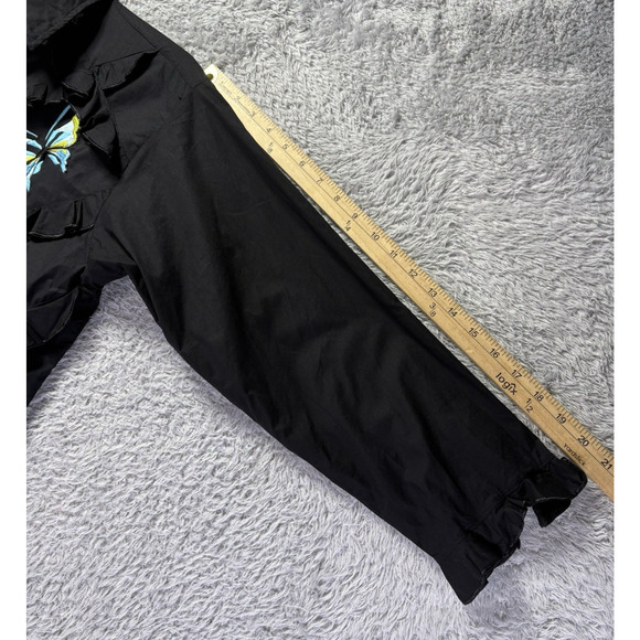 Michael Simon Womens Small Black Embroidered Blue Butterflies Button Down Up Top - Picture 11 of 12
